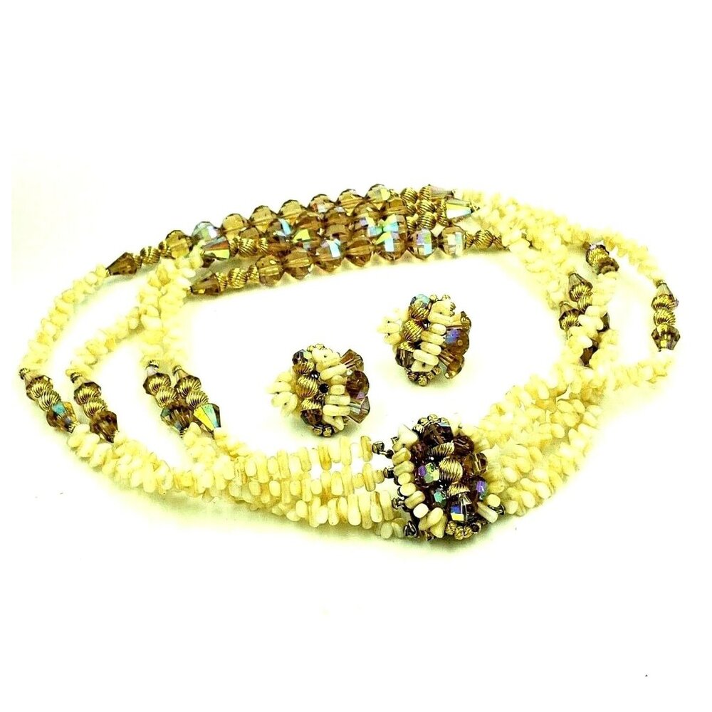 Vintage Vendome Crystal Bead and Shell Four Strand Necklace Clip Earring Set